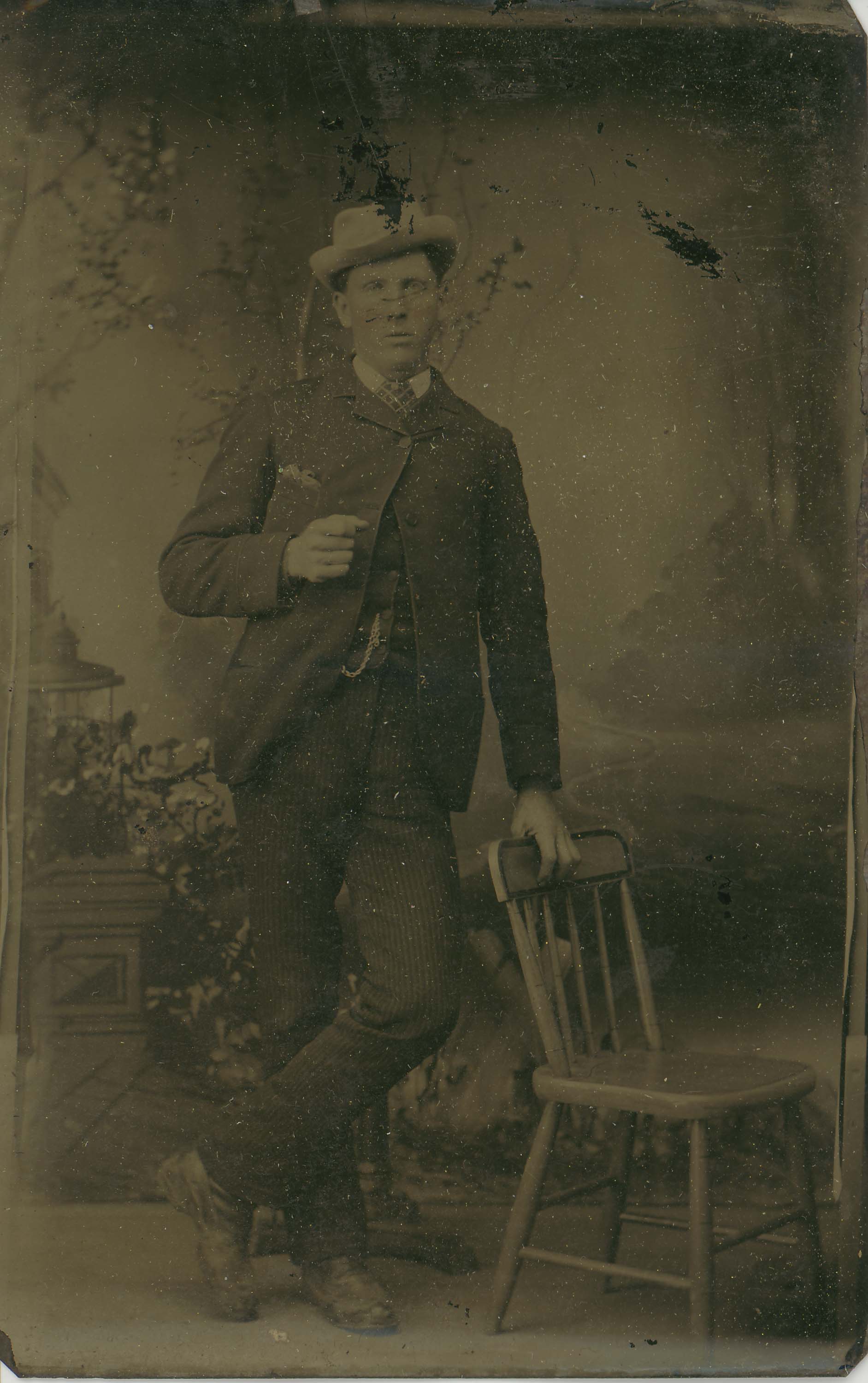 Tin-type-8-Man-in-White-hat-leaning-on-chair